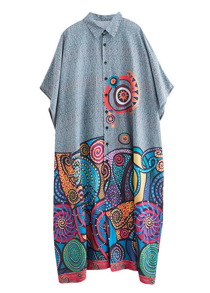 Plus Size Peter Pan Collar Print Button Cotton Long Shirts Dress AC2039