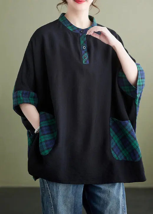 Plus Size Plaid Button Pockets Patchwork Cotton Tops Batwing Sleeve Ada Fashion