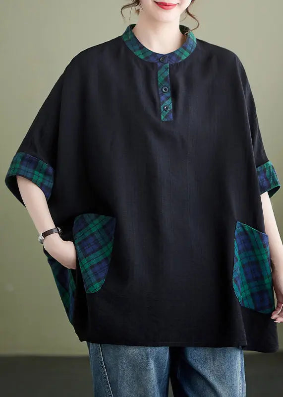 Plus Size Plaid Button Pockets Patchwork Cotton Tops Batwing Sleeve Ada Fashion