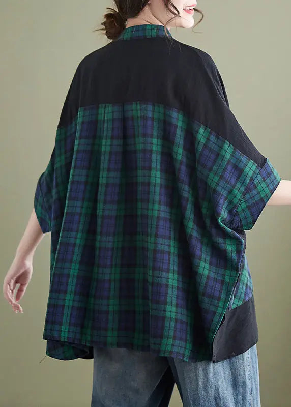 Plus Size Plaid Button Pockets Patchwork Cotton Tops Batwing Sleeve Ada Fashion