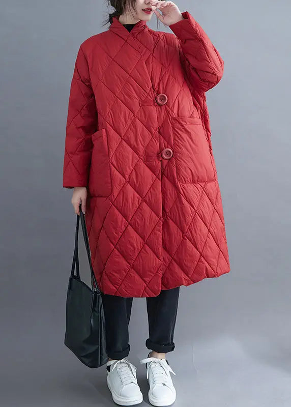 Plus Size Red Button Pockets Cotton Filled Long Parka Winter Ada Fashion