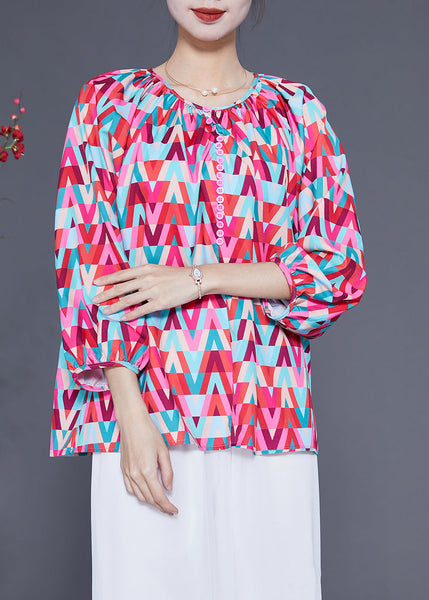 Plus Size Red O-Neck Print Button Chiffon Blouse Top Bracelet Sleeve LY1829