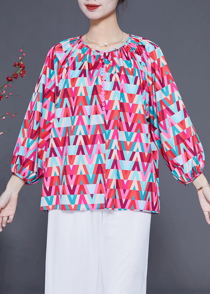 Plus Size Red O-Neck Print Button Chiffon Blouse Top Bracelet Sleeve LY1829