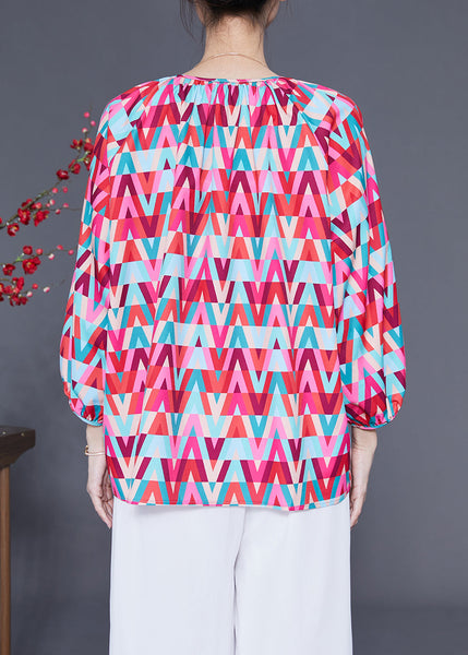 Plus Size Red O-Neck Print Button Chiffon Blouse Top Bracelet Sleeve LY1829