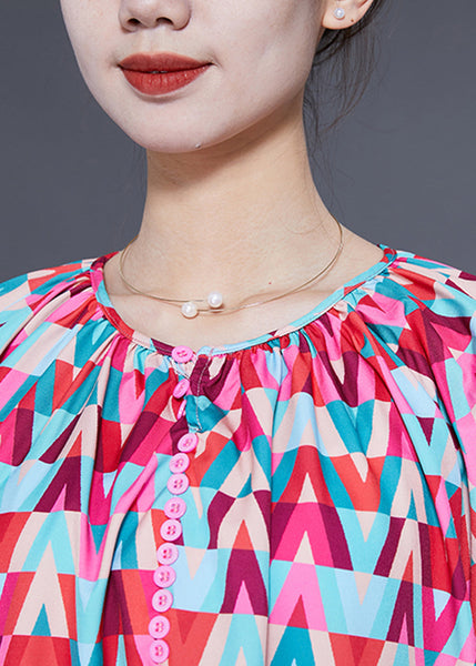 Plus Size Red O-Neck Print Button Chiffon Blouse Top Bracelet Sleeve LY1829