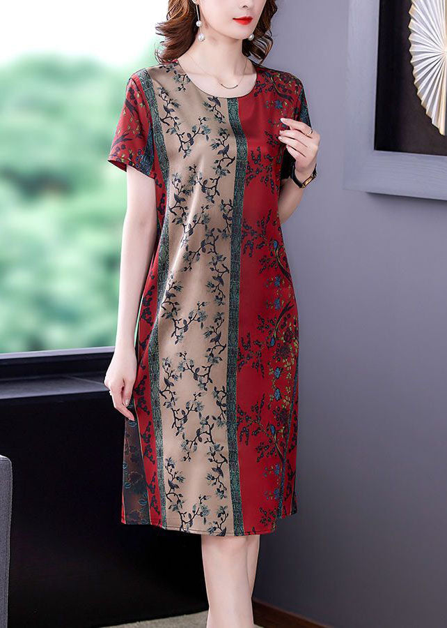 Plus Size Red O-Neck Print Slim Fit Silk Mid Dress Summer TH1008