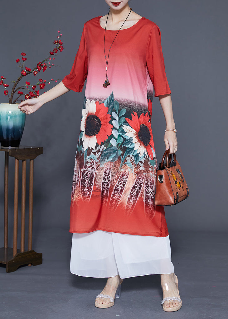 Plus Size Red O-Neck Sun Flower Print Silk Dresses Half Sleeve LY1102