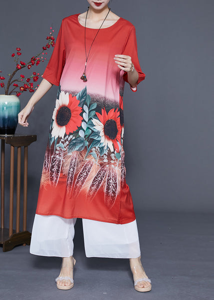 Plus Size Red O-Neck Sun Flower Print Silk Dresses Half Sleeve LY1102