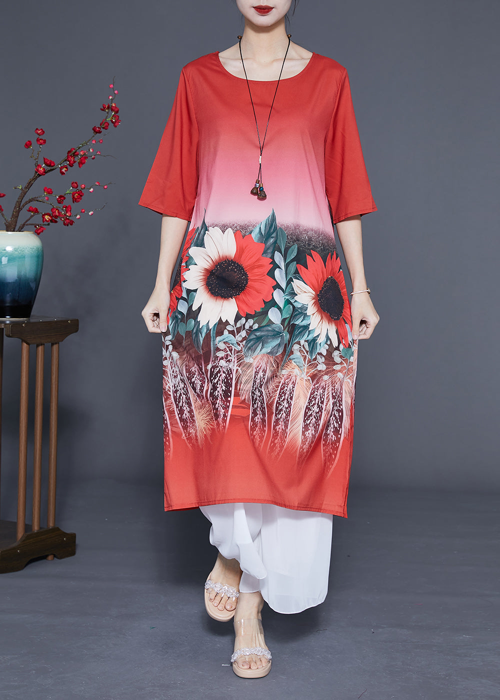 Plus Size Red O-Neck Sun Flower Print Silk Dresses Half Sleeve LY1102