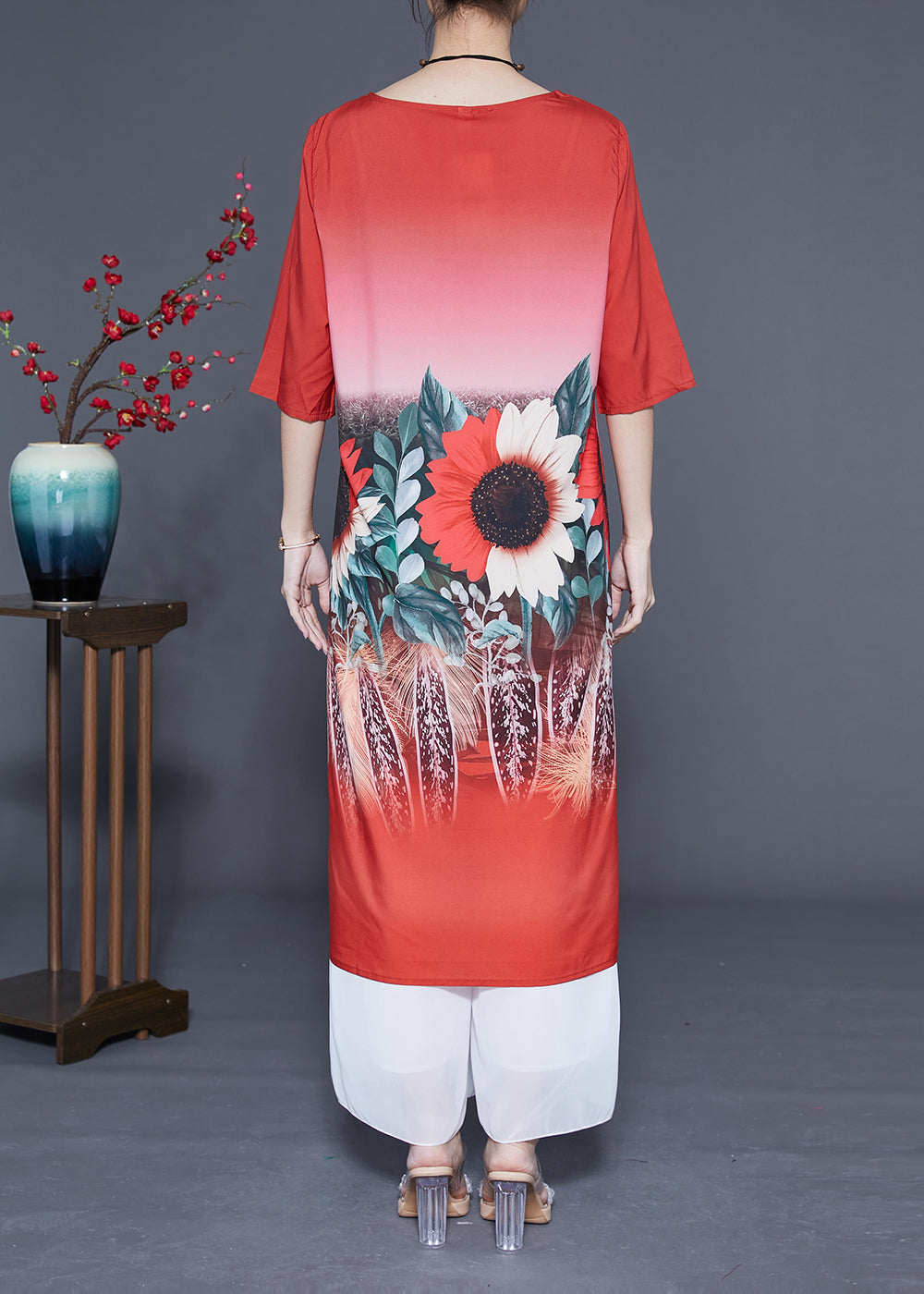 Plus Size Red O-Neck Sun Flower Print Silk Dresses Half Sleeve LY1102
