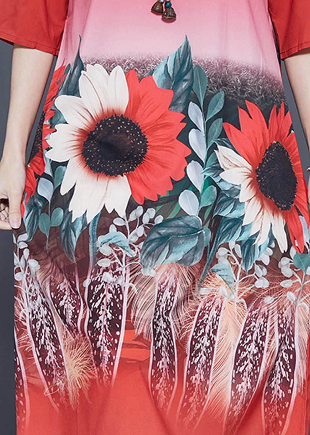 Plus Size Red O-Neck Sun Flower Print Silk Dresses Half Sleeve LY1102