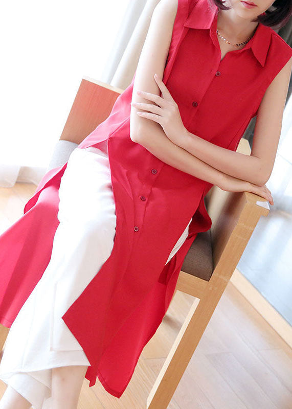 Plus Size Red Peter Pan Collar Side Open Chiffon Long Shirts Sleeveless LY1440