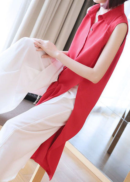 Plus Size Red Peter Pan Collar Side Open Chiffon Long Shirts Sleeveless LY1440