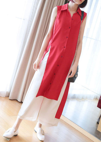 Plus Size Red Peter Pan Collar Side Open Chiffon Long Shirts Sleeveless LY1440