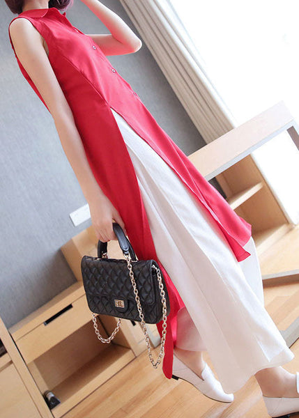Plus Size Red Peter Pan Collar Side Open Chiffon Long Shirts Sleeveless LY1440