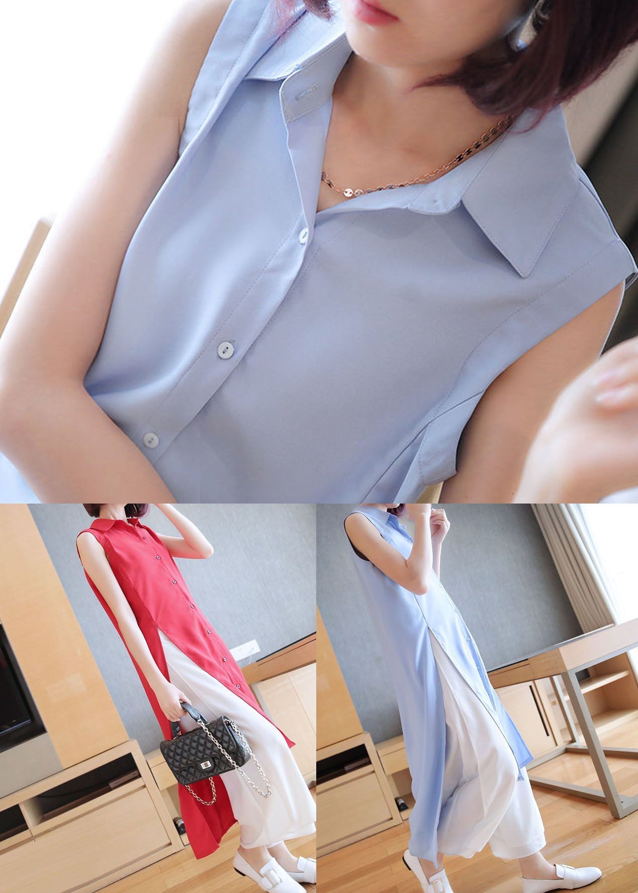 Plus Size Red Peter Pan Collar Side Open Chiffon Long Shirts Sleeveless LY1440