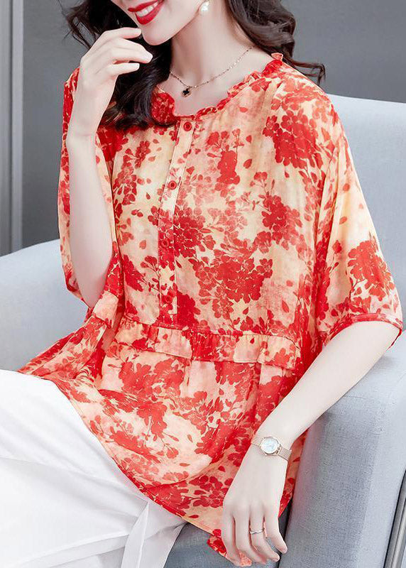 Plus Size Red Ruffled Print Patchwork Chiffon Tops SummerTI1049