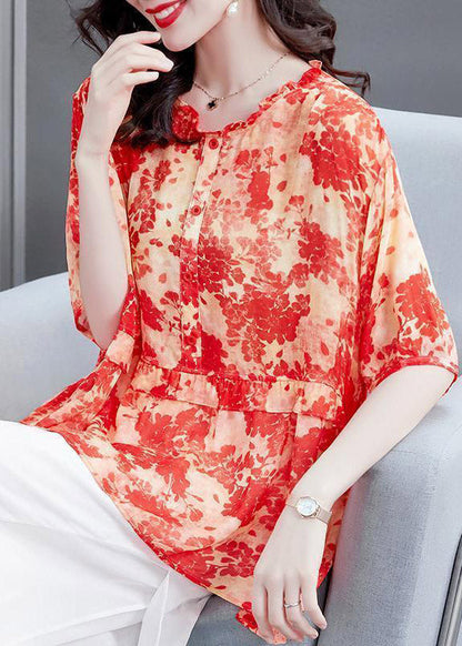Plus Size Red Ruffled Print Patchwork Chiffon Tops SummerTI1049