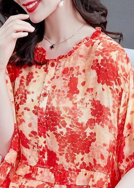 Plus Size Red Ruffled Print Patchwork Chiffon Tops SummerTI1049