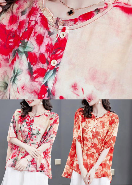 Plus Size Red Ruffled Print Patchwork Chiffon Tops SummerTI1049