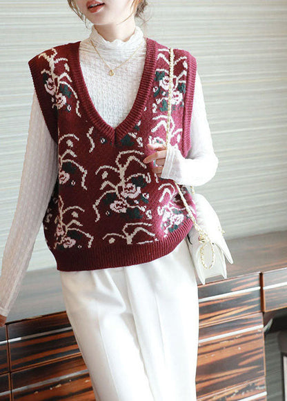 Plus Size Red V Neck Print Knit Vests Spring LY1464