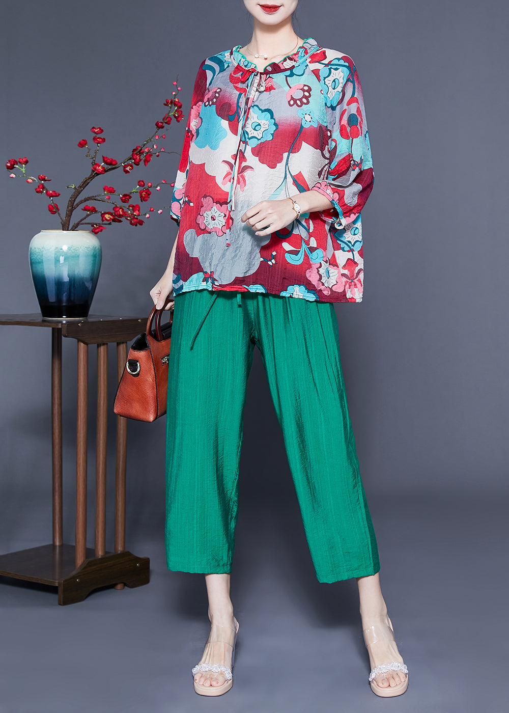 Plus Size Ruffled Collar Print Cotton Linen Two Piece Set Women Clothing Spring LY1089