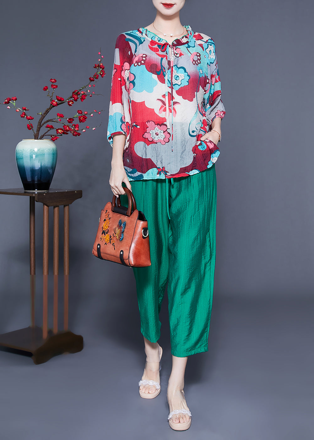 Plus Size Ruffled Collar Print Cotton Linen Two Piece Set Women Clothing Spring LY1089