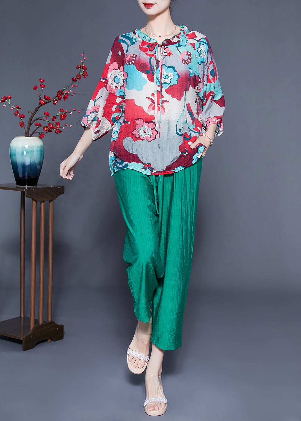 Plus Size Ruffled Collar Print Cotton Linen Two Piece Set Women Clothing Spring LY1089