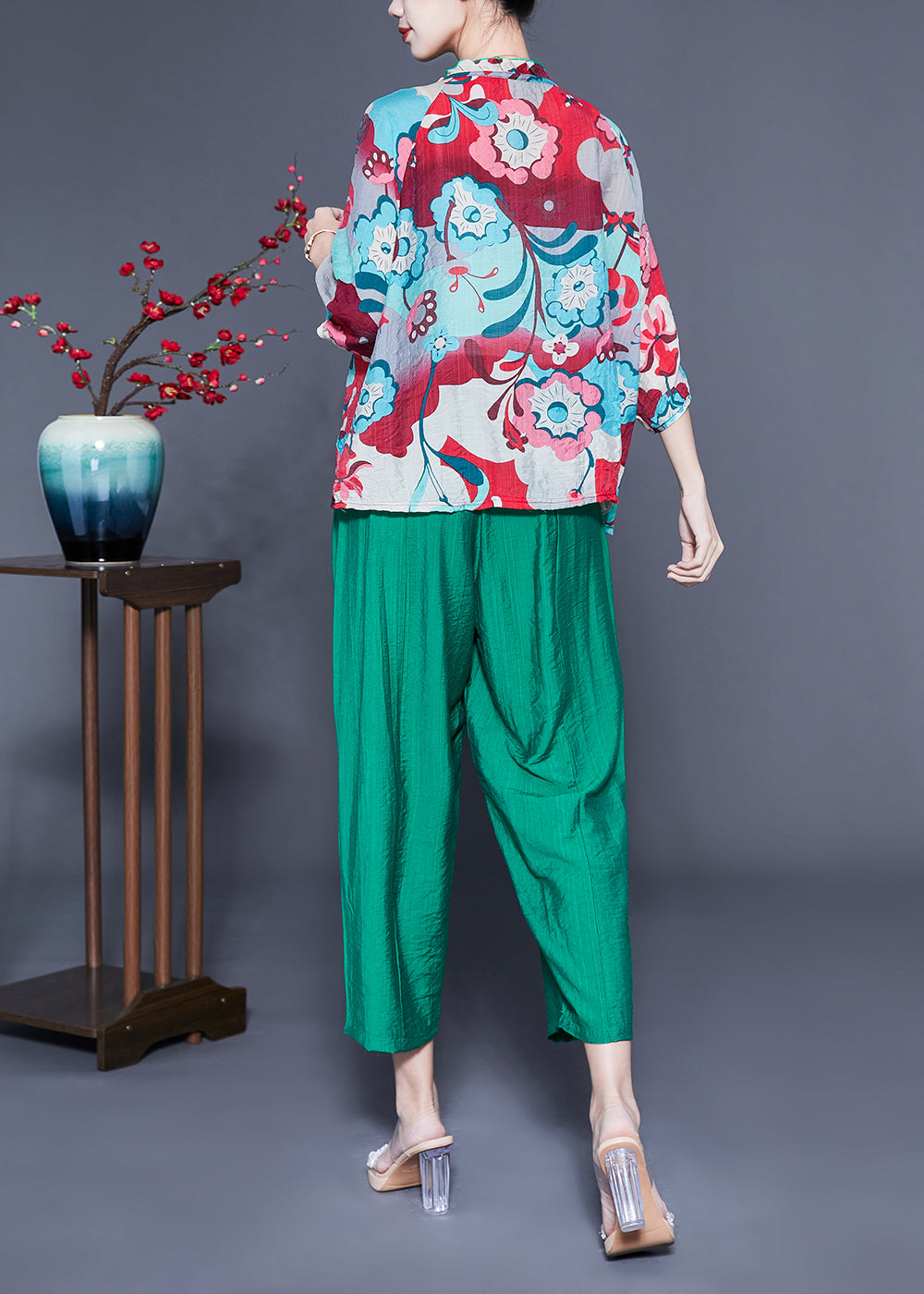 Plus Size Ruffled Collar Print Cotton Linen Two Piece Set Women Clothing Spring LY1089