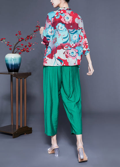 Plus Size Ruffled Collar Print Cotton Linen Two Piece Set Women Clothing Spring LY1089