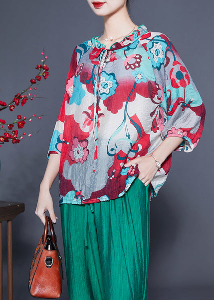 Plus Size Ruffled Collar Print Cotton Linen Two Piece Set Women Clothing Spring LY1089