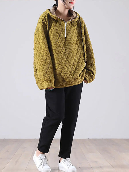 Plus Size Solid Color Pleated Drawstring Zipper Hooded Sweatshirt Ada Fashion