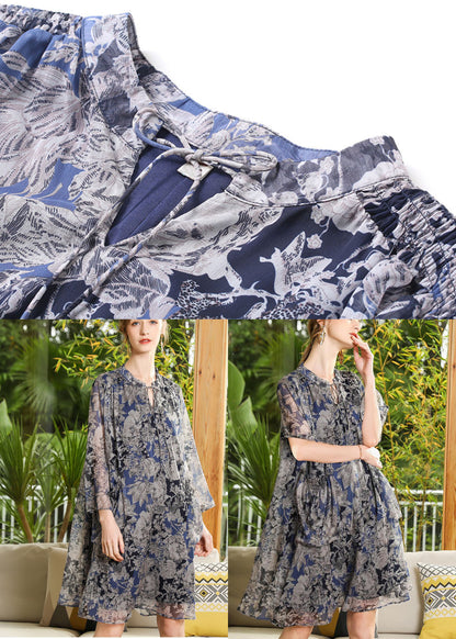 Plus Size Stand Collar Oversized Print Chiffon Holiday Dress Long Sleeve LY0256