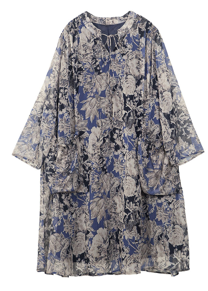 Plus Size Stand Collar Oversized Print Chiffon Holiday Dress Long Sleeve LY0256