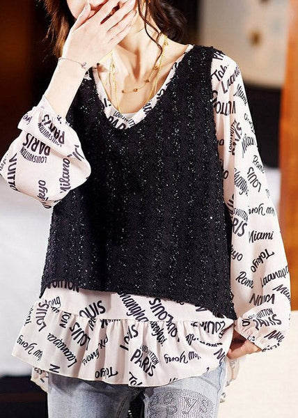 Plus Size V Neck Print Patchwork Take Two Pieces Shirt Long Sleeve LY1530