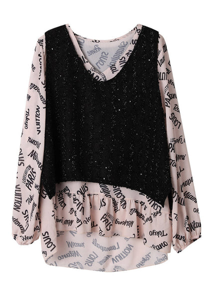 Plus Size V Neck Print Patchwork Take Two Pieces Shirt Long Sleeve LY1530