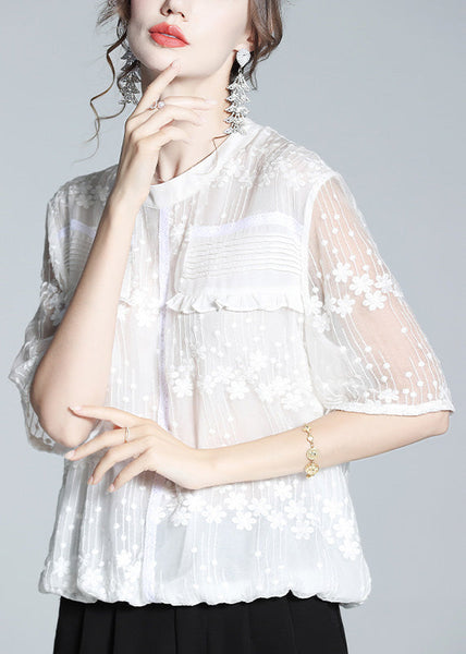 Plus Size White O-Neck Embroideried Ruffled Silk Shirts Short Sleeve LY0980