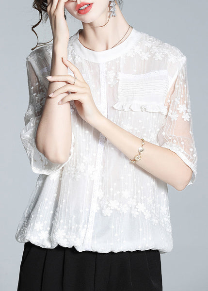 Plus Size White O-Neck Embroideried Ruffled Silk Shirts Short Sleeve LY0980