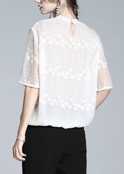 Plus Size White O-Neck Embroideried Ruffled Silk Shirts Short Sleeve LY0980