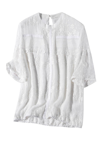 Plus Size White O-Neck Embroideried Ruffled Silk Shirts Short Sleeve LY0980