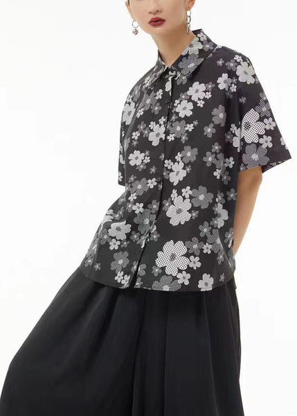 Plus Size White Peter Pan Collar Print Cotton Shirts Summer LC0122