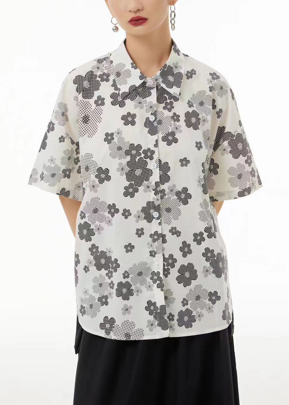 Plus Size White Peter Pan Collar Print Cotton Shirts Summer LC0122
