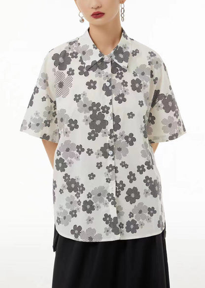 Plus Size White Peter Pan Collar Print Cotton Shirts Summer LC0122