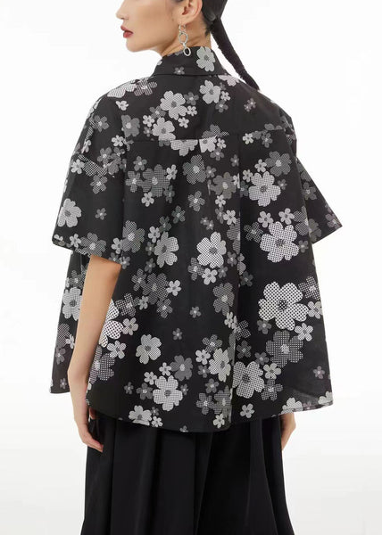 Plus Size White Peter Pan Collar Print Cotton Shirts Summer LC0122