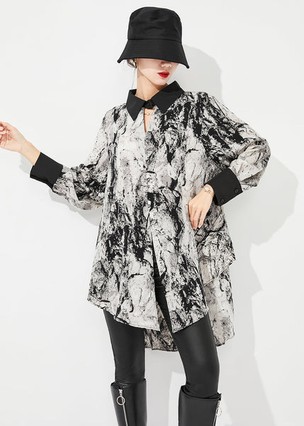 Plus Size White Peter Pan Collar Tie Dye Chiffon Long Shirts Spring LY0829