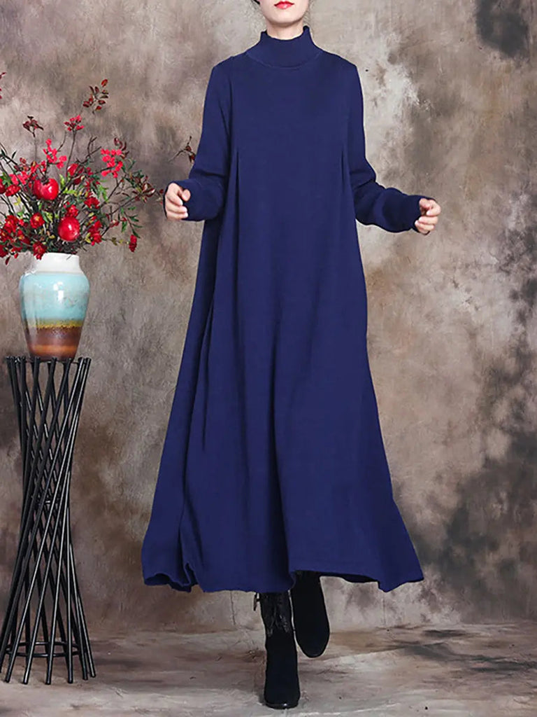 Plus Size Women Artsy Solid Turtleneck Maxi Dress Ada Fashion