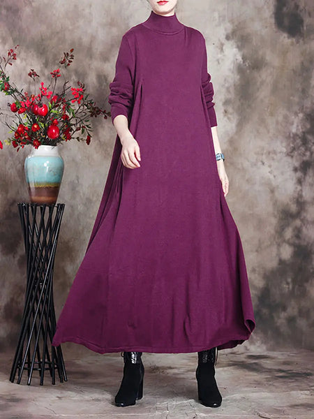 Plus Size Women Artsy Solid Turtleneck Maxi Dress Ada Fashion