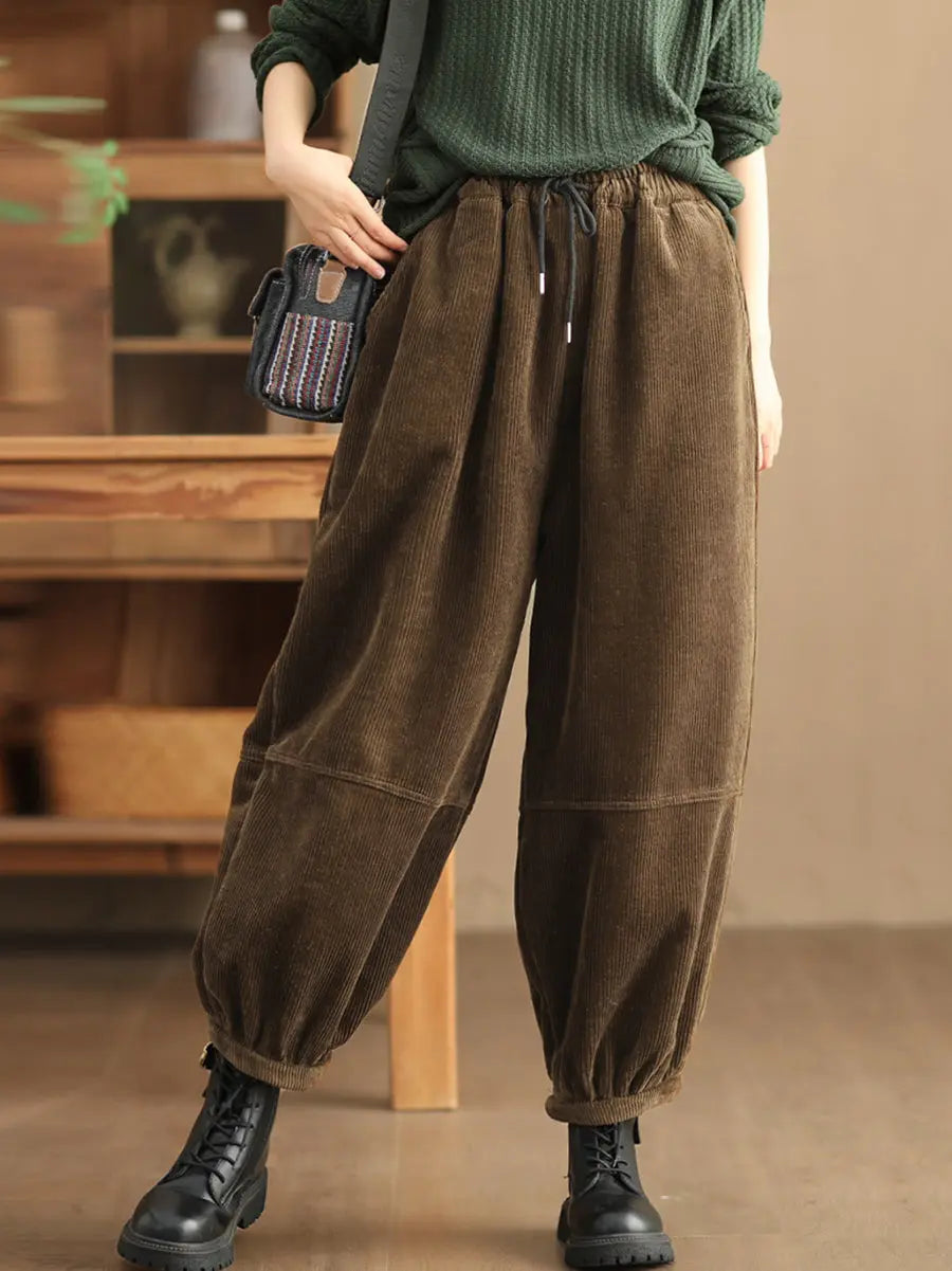 Plus Size Women Casual Solid Loose Fleece-lined Pants Ada Fashion