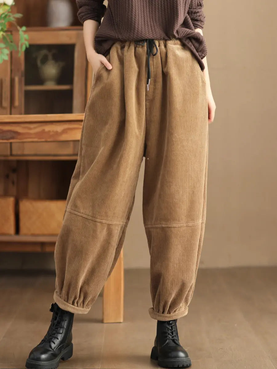 Plus Size Women Casual Solid Loose Fleece-lined Pants Ada Fashion