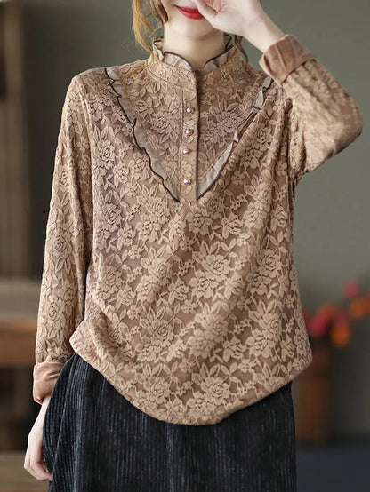 Plus Size Women Elegant Flower Lace Fleece Lined Shirt Ada Fashion